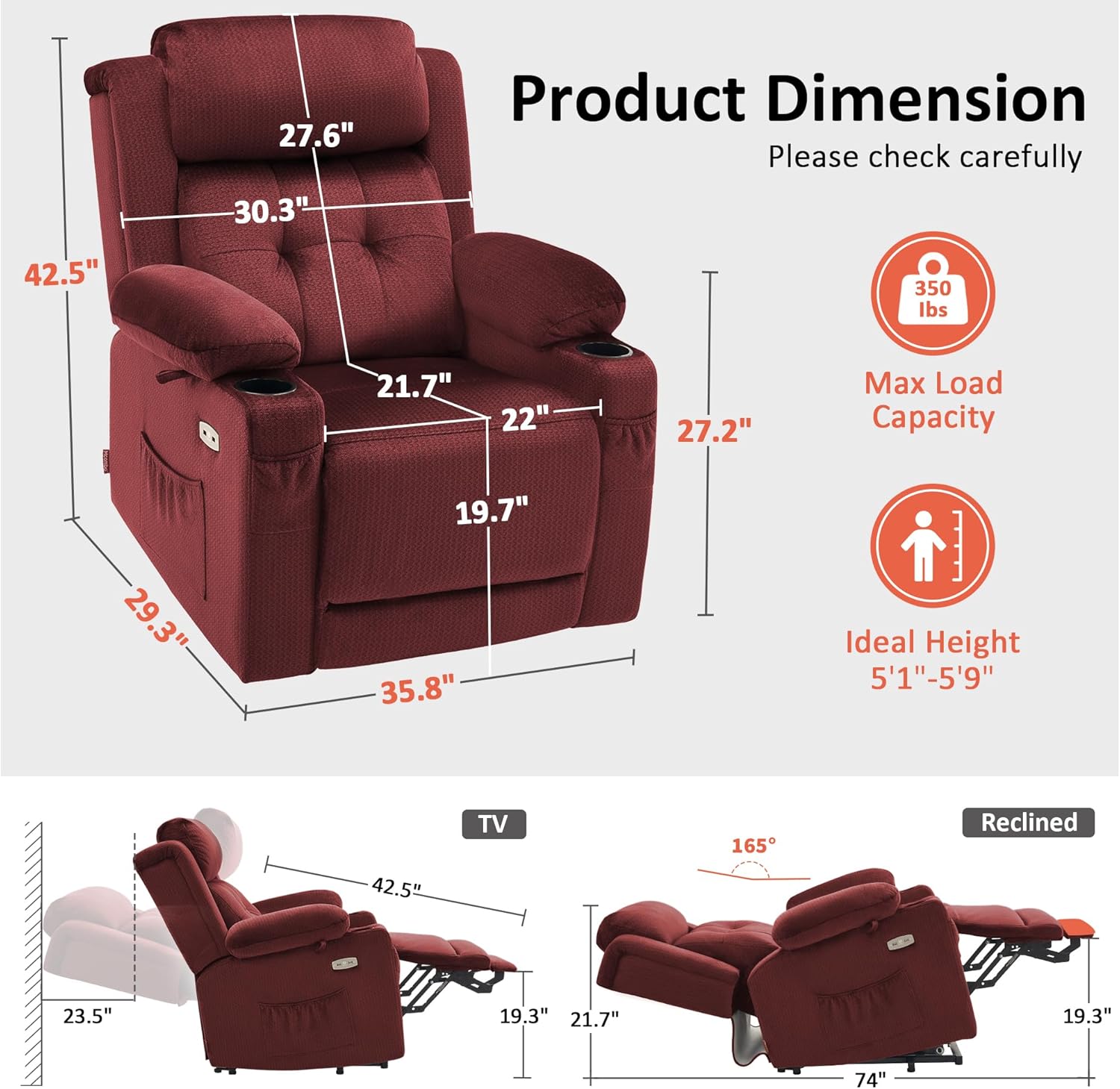 MCombo Triple Motor Power Lift Recliner with Massage and Heat, Electric Recliner Chair for Elderly People, Adjustable Headrest, Infinite Position, Cup Holders, USB Ports, Fabric 7661(Burgundy, Medium)
