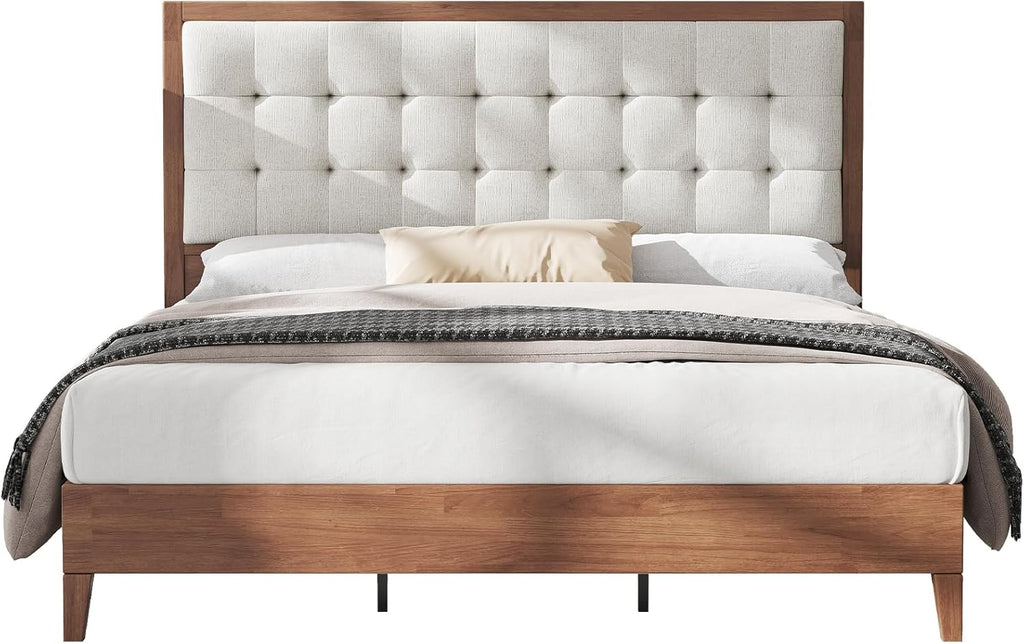 AMERLIFE King Size Bed Frame and Headboard, Solid Wooden Bed Frame King Size Platform Bed Frame Mid-Century Style, No Box Spring Required, Walnut | Back Support, Noise-Free, Easy Care, Sturdy Frame, Breathable Material
