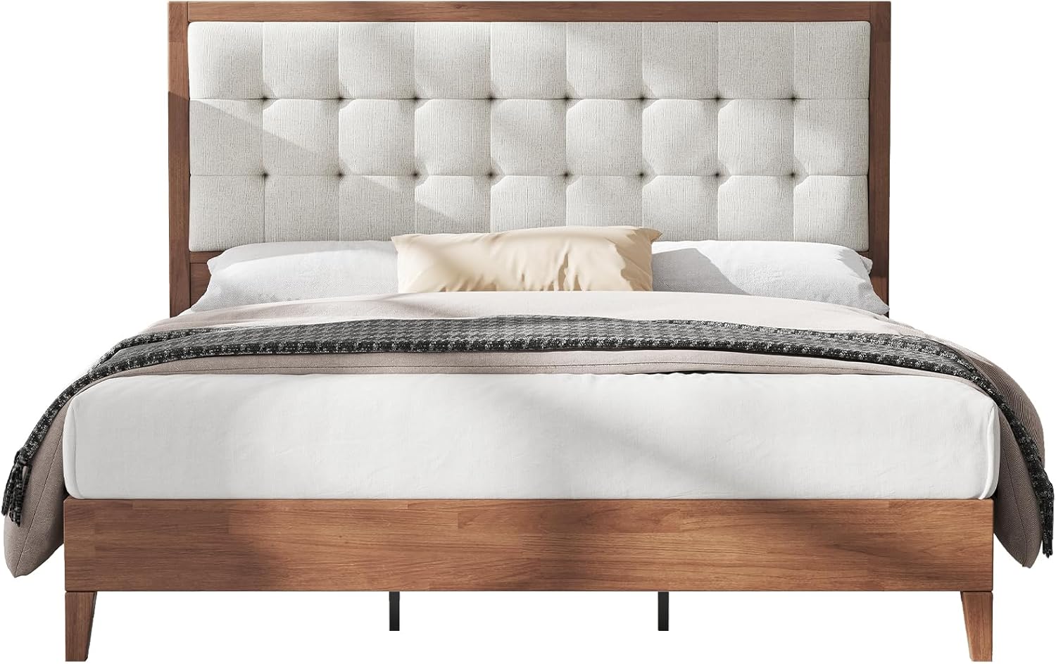 AMERLIFE King Size Bed Frame and Headboard, Solid Wooden Bed Frame King Size Platform Bed Frame Mid-Century Style, No Box Spring Required, Walnut | Back Support, Noise-Free, Easy Care, Sturdy Frame, Breathable Material