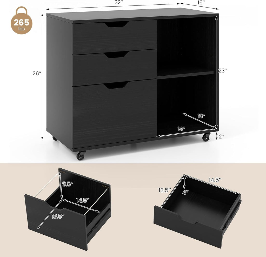 LOKO 3-Drawer File Cabinet, Mobile Printer Stand Cabinet with Adjustable Shelf, Rolling Lateral Filing Cabinet with Wheels for Letter, A4, Legal Size, for Home Office Organization (Black)