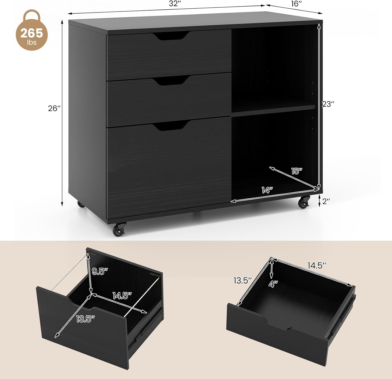 LOKO 3-Drawer File Cabinet, Mobile Printer Stand Cabinet with Adjustable Shelf, Rolling Lateral Filing Cabinet with Wheels for Letter, A4, Legal Size, for Home Office Organization (Black)