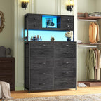 62“H Dresser for Bedroom with Large Drawers,Dressers & Chests of Drawers with LED Lights & Charging Station,Sturdy Bedroom Dresser with Open Storage Shelves, Wood Top,Steel Frame(Black)