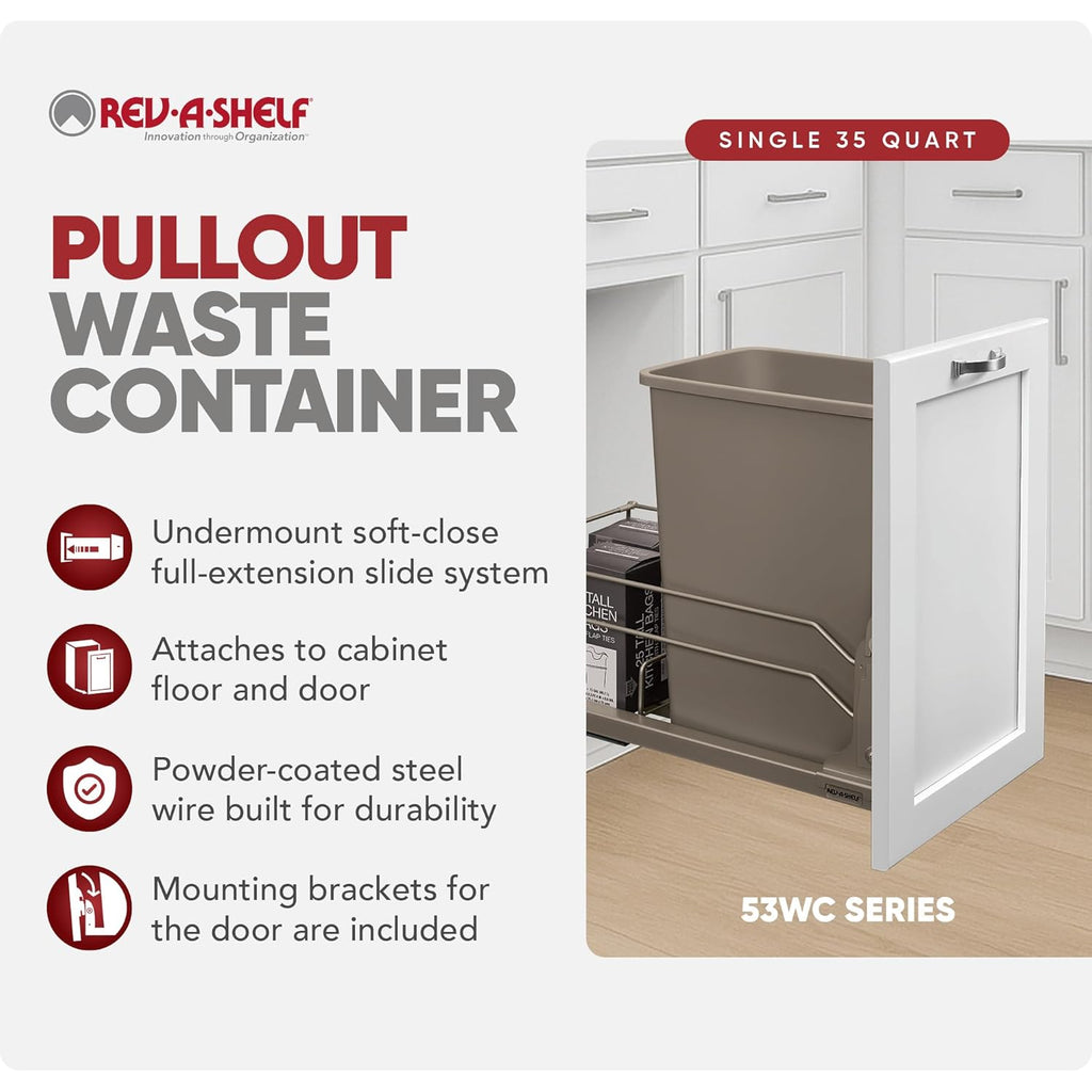 Rev-A-Shelf Pullout Trash Can for Under Kitchen Cabinets 35 Quart 8.75 Gallon with Soft-Close Slides and Rear Storage, Champagne, 53WC-1535SCDM-112