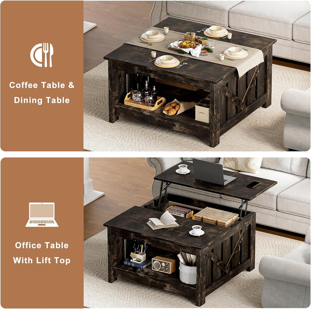 FABATO Lift Top Coffee Table, 31.5" Farmhouse Coffee Tables with Storage, Small Square Cocktail Tables, Wood Central Table for Living Room, Meeting Room, Black Oak
