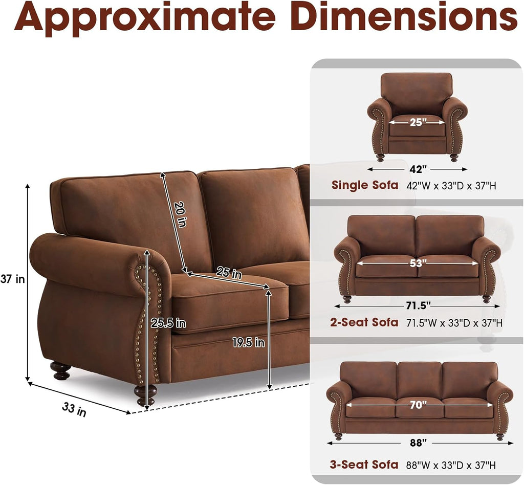 Mid-Century Vintage Sofa Couches with Rivet Design,3-Seater Sofa,Removable Sofa Cover Upholstered Cushions and Solid Wood Frame (Caramel, 3-Seater)