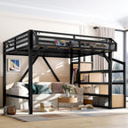 Bellemave Queen Loft Bed with Stairs and Built-in Wardrobe, Metal Loft Bed Frame with Storage Shelves, Heavy Duty Loft Beds with USB Ports and LED Lights for Adults, Boys, Girls, Teens, Natural Wood