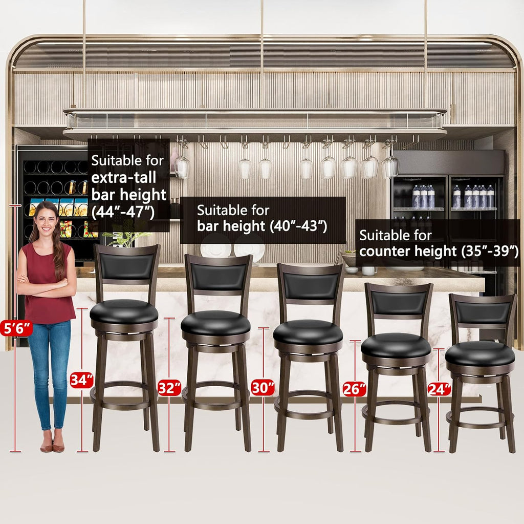 PrimeZone Swivel Bar Stools Set of 3, 26 Inch Counter Height Barstools, Black Faux Leather Bar Stool with High Backrest & Solid Wood Legs & Wrap-around Footrest, Counter Stools for Kitchen Island, Pub
