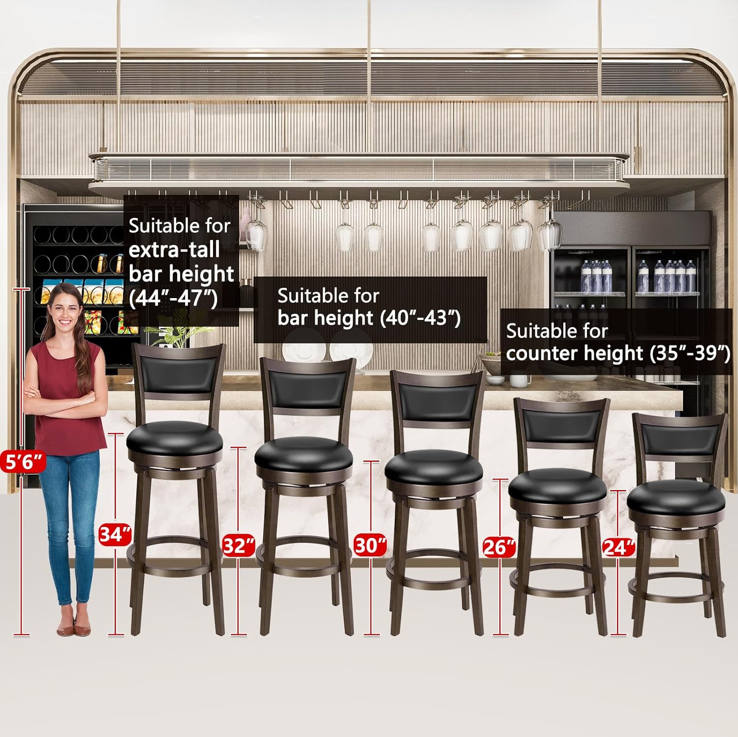 PrimeZone Swivel Bar Stools Set of 3, 26 Inch Counter Height Barstools, Black Faux Leather Bar Stool with High Backrest & Solid Wood Legs & Wrap-around Footrest, Counter Stools for Kitchen Island, Pub