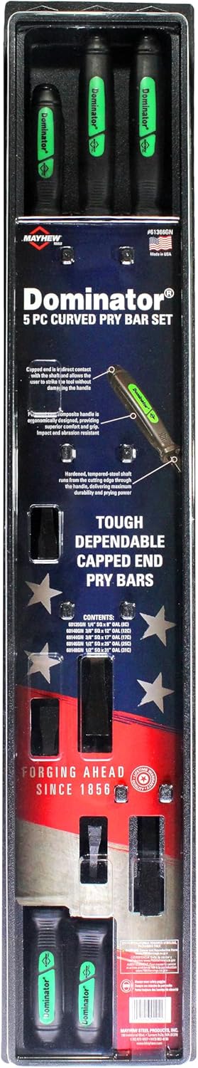 Mayhew Tools 61366GN Dominator Pry Bar Set, 8", 12", 17", 25" & 31" Curved Pry Bars, Green