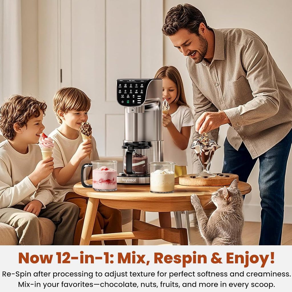 Ice Cream Maker Machine 12-in-1, Full Automatic Stainless Steel Homemade Ice Cream Maker for Sorbet, Milkshake, Frozen Yogurt & More, Easy to Clean Ice Cream Machine, (3) Family-Sized Tritan Tubs