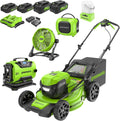 Greenworks 48V (2x24V) 21" Brushless Self-Propelled Mower 500 Lumen Lantern Fan Mini Bluetooth Speaker Inflator Combo Kit (2) 5Ah &(2) 2Ah Battery &2 Charger