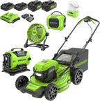 Greenworks 48V (2x24V) 21" Brushless Self-Propelled Mower 500 Lumen Lantern Fan Mini Bluetooth Speaker Inflator Combo Kit (2) 5Ah &(2) 2Ah Battery &2 Charger