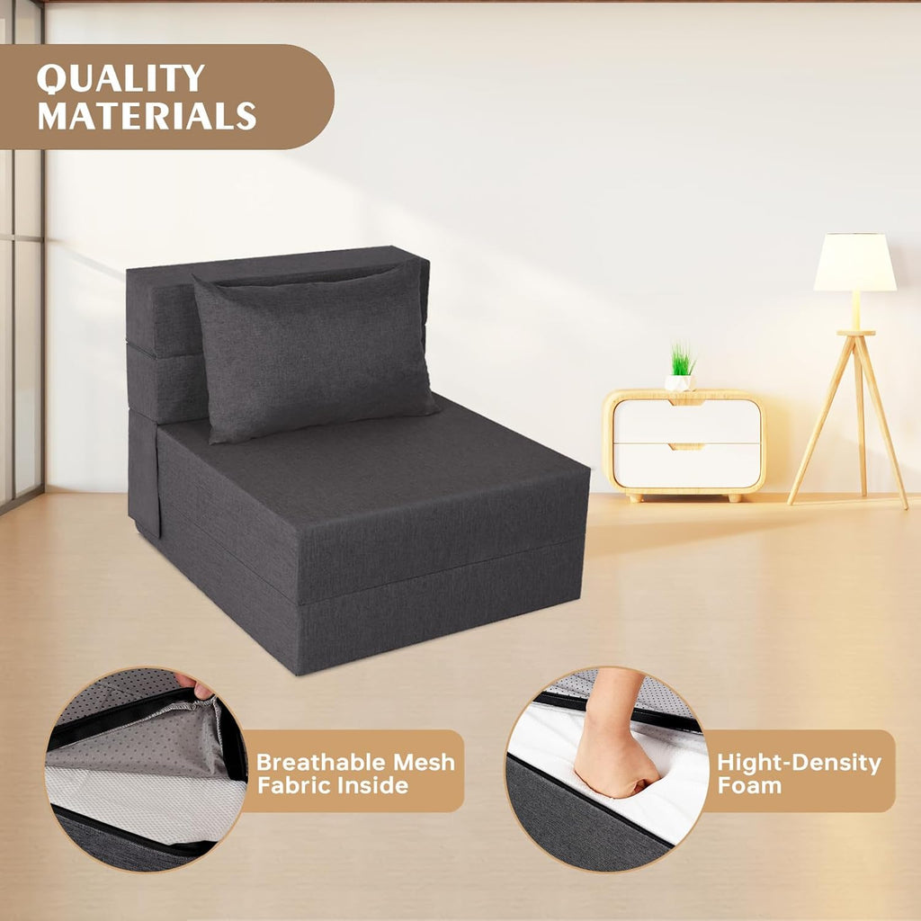 Fvkind Folding Sofa Bed, Foldable Sleeper Chair with Washable Cover, Convertible Futon Sofa Bed with Pillow, Fold Out Couch for Living Room, Dorm, Guest Room, Single Size, Dark Grey