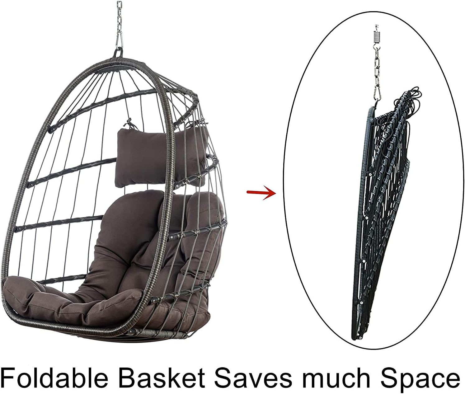 Brafab Wicker Rattan Hammock Egg Hanging Chair with Chain, Rusty Resistant Aluminum Frame and UV Cushion, Indoor Outdoor Bedroom Patio Porch Folding Camping Chair(Without Stand)