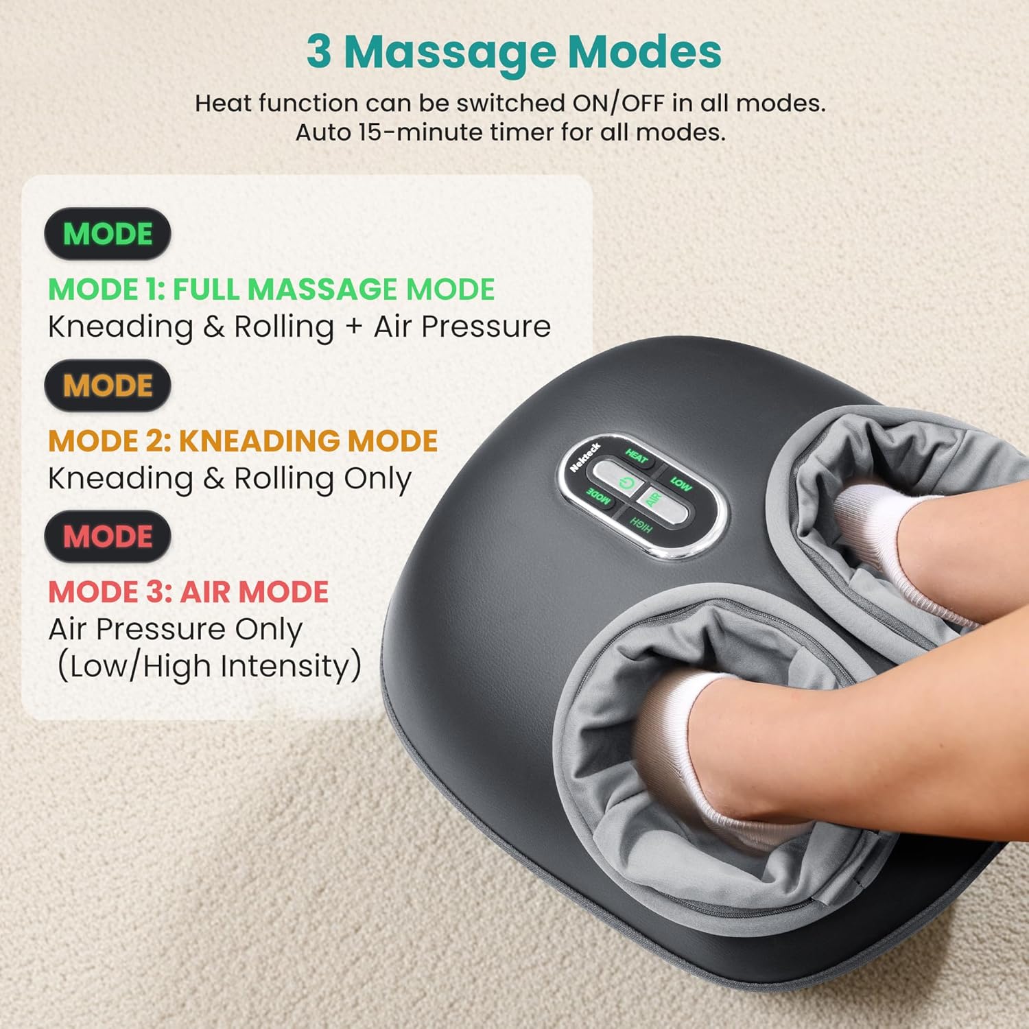 Nekteck Shiatsu Foot Massager with Heat [2026 Upgraded], 3 Modes Deep Kneading Therapy Air Compression, Feet Massage Tool for Plantar Fasciitis, Relaxation Gifts for Men Women, Fits Size to US 13