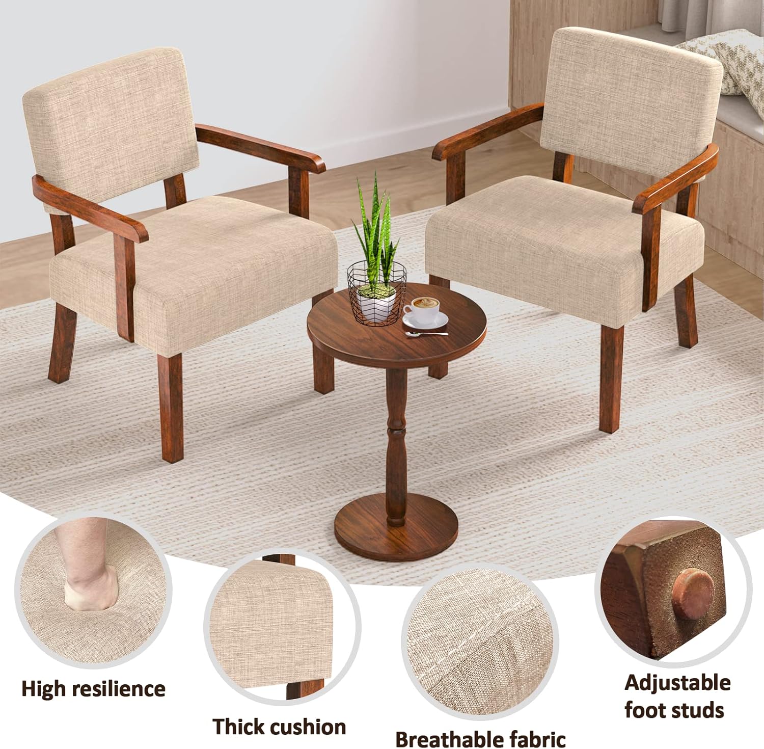 Accent Chair Set of 2 with Table, Living Room Chairs with Soft Seat and Armrests for Living Room Bedroom Reading Room Waiting Room (Beige) (AC01)
