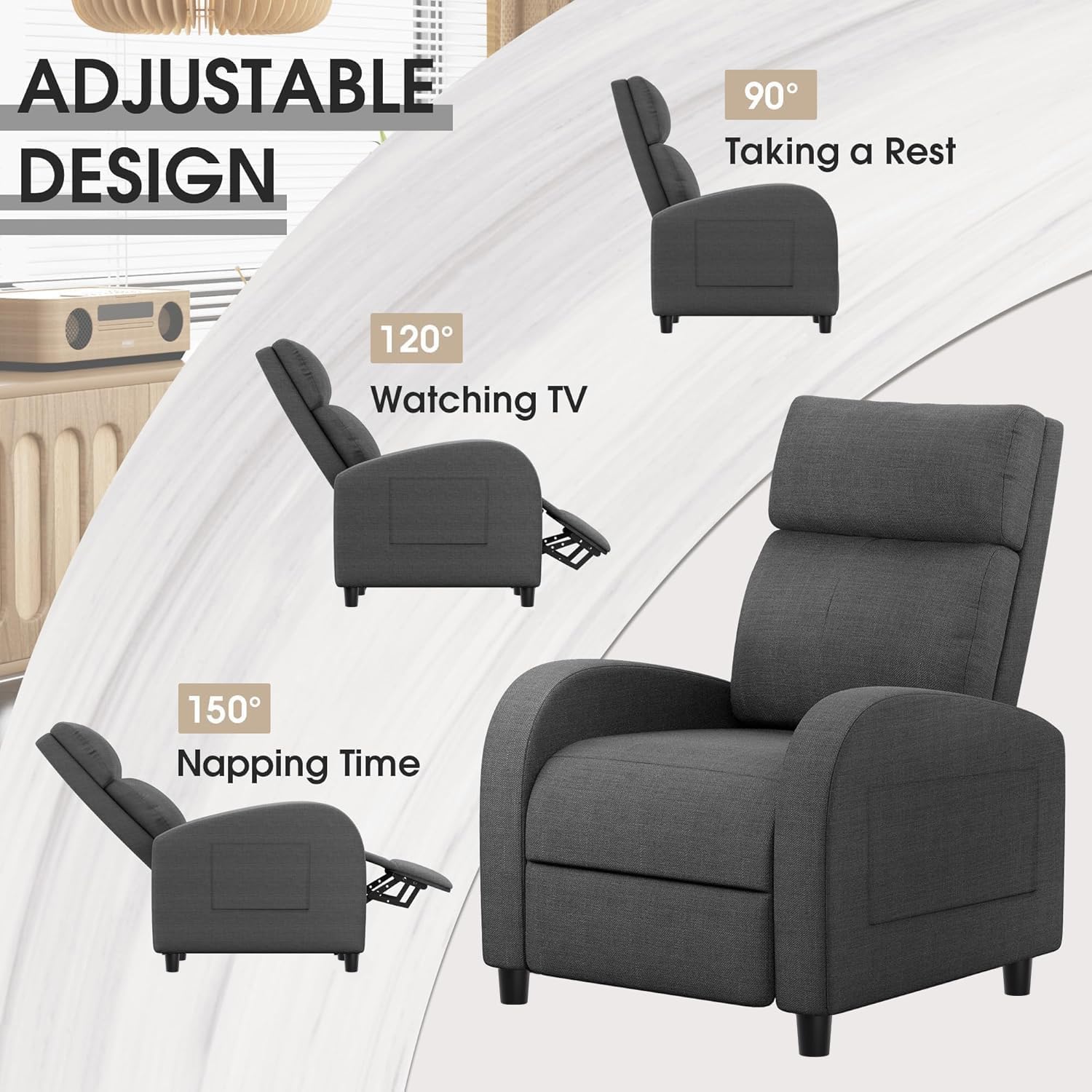 Homall Recliner Chair, Recliner Sofa for Adults, Recliners Home Theater Seating with Lumbar Support, Reclining Sofa Chair for Living Room (Fabric, Dark Grey)