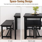 Dining Room Table Set with 2 Benches, Farmhouse Dining Table Set for 4-6, Wood Breakfast Table Set Dinner Table Set Kitchen Table and Chairs for Breakfast Nook Small Spaces, Black