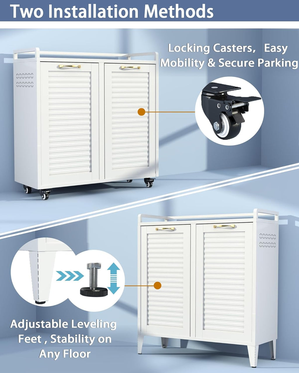 Double Tilt Out Laundry Hamper Cabinet, Locking Caster Metal Frame, Waterproof Rustproof Iron, Space-Saving Hidden Hamper, 33Gal 2-Compartment, Tilt Out Trash Can for Bathroom Family Use