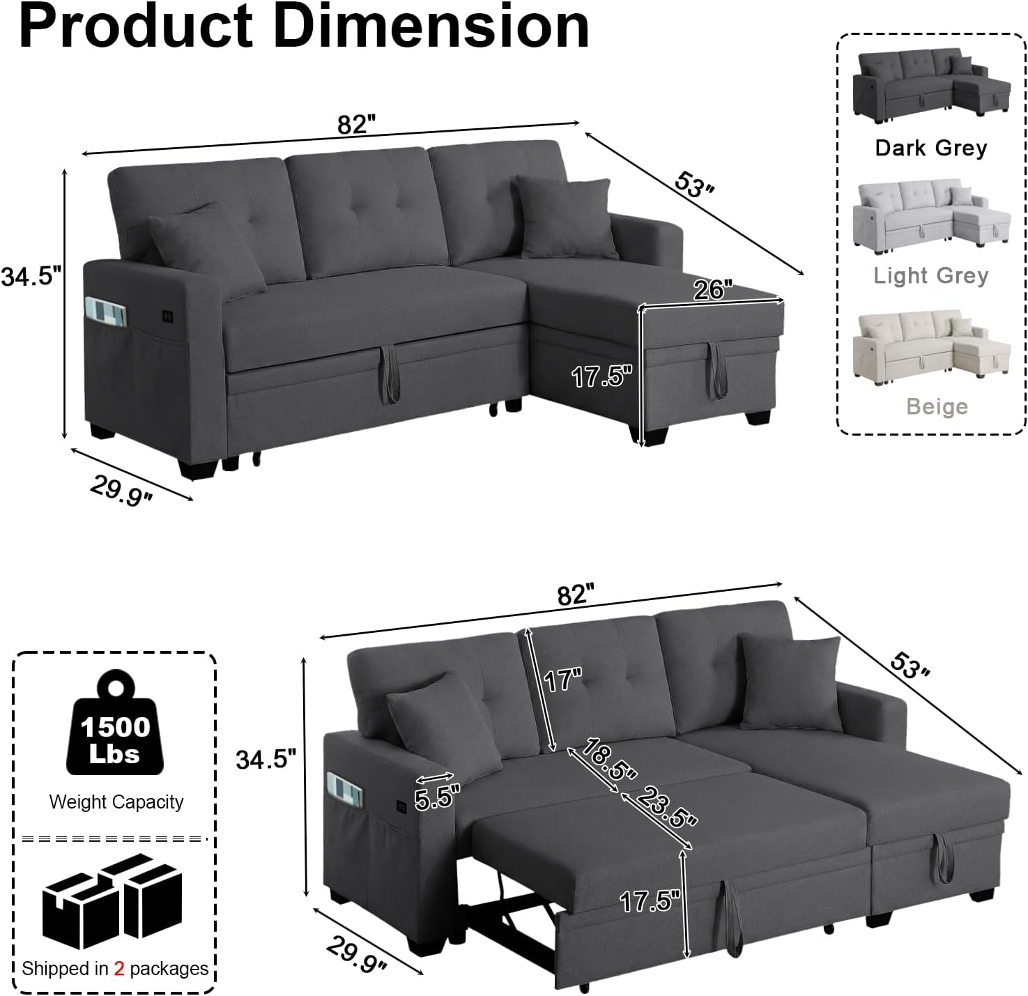 82" L Shaped Sleeper Sofa Bed: Sectional Sleeper Couch with Pull Out Bed, Storage Chaise, USB Charging, 3 Seat Sectional Sofa Bed for Living Room (Linen Fabric, Dark Grey)