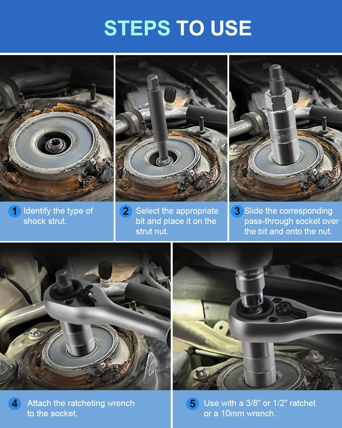 50PCS Strut Nut Socket Set Shock Absorber Socket Suspension Strut Top Mount Nut Removal Tool Suspension Strut Spreader Tool with Ratchet Adaptors