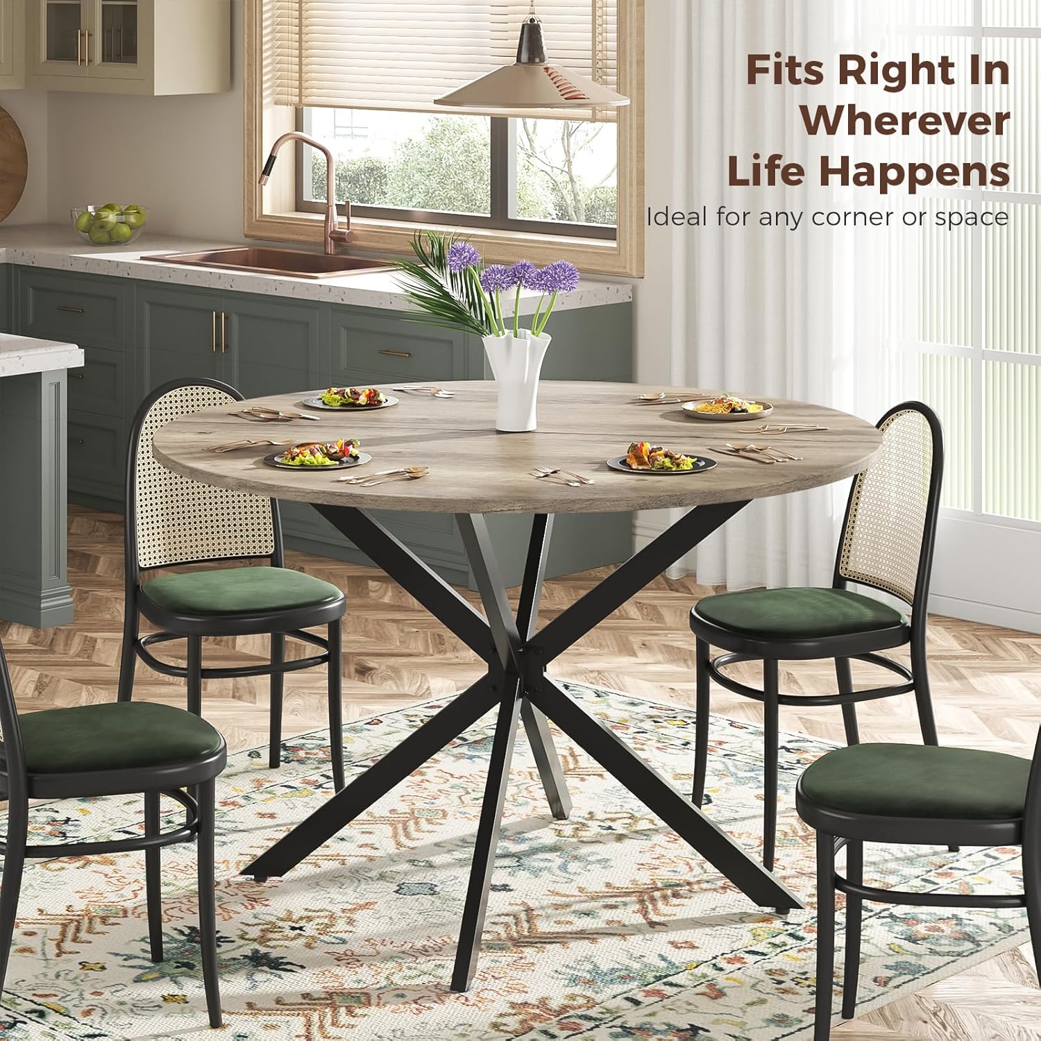 Unovivy 47 Inch Round Dining Table for 4, Space Saving Circle Dining Table with Pedestal Metal Frame, Farmhouse Wood Round Kitchen Table for Living & Dining Room, Light Ivory