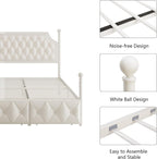 Keyluv Queen Upholstered Canopy Bed Frame with 2 Drawers and Button Tufted Headboard, Metal Platform Bed with 4 Removable Posts Two-Purpose Velvet Bed No Box Spring Needed, Beige/Curtains Not Included