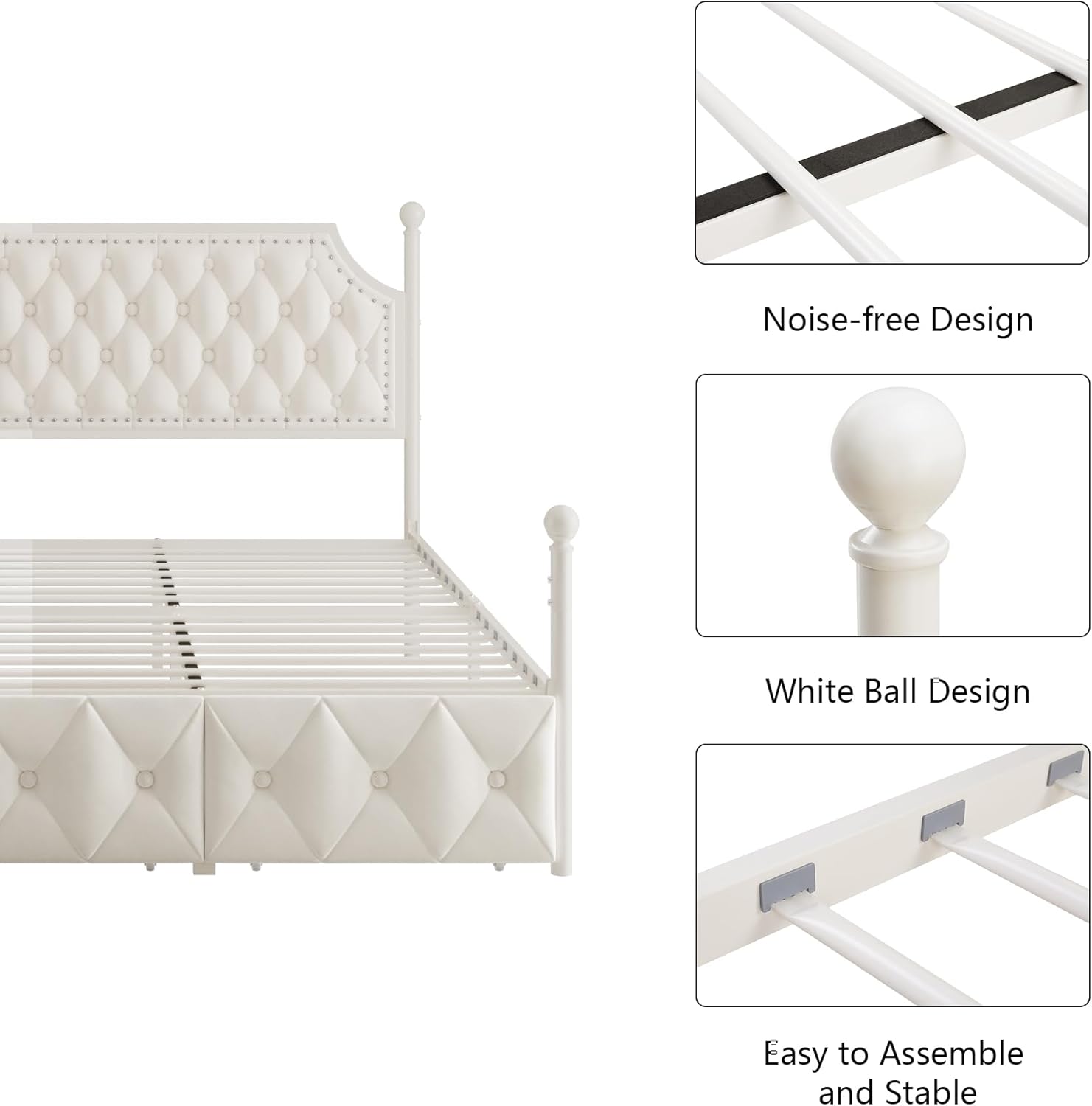 Keyluv Queen Upholstered Canopy Bed Frame with 2 Drawers and Button Tufted Headboard, Metal Platform Bed with 4 Removable Posts Two-Purpose Velvet Bed No Box Spring Needed, Beige/Curtains Not Included