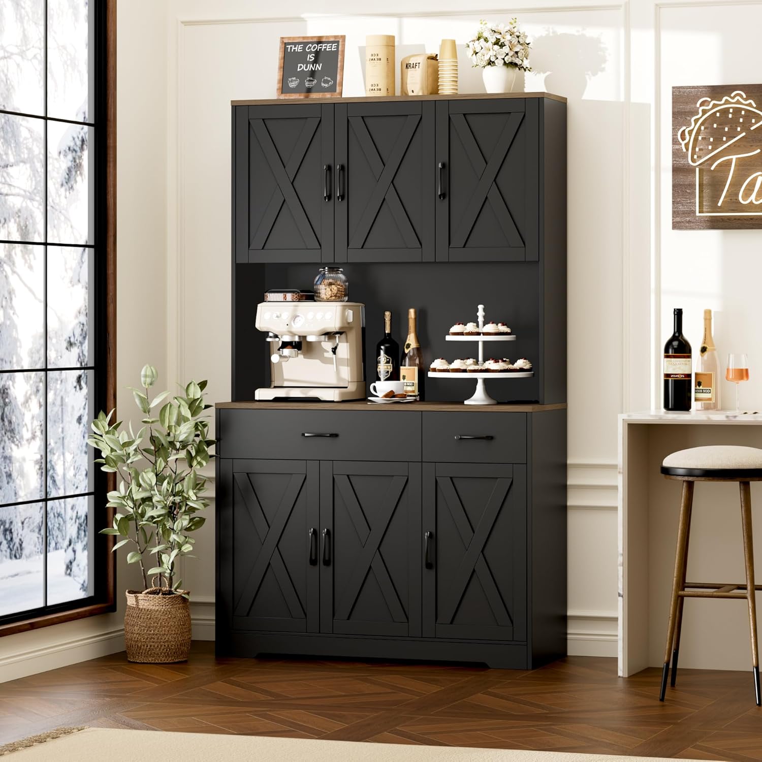 HOSTACK 71" Pantry Cabinet with Charging Station, Tall Kitchen Pantry Storage Cabinet with Microwave Stand, Farmhouse Kitchen Hutch with Storage Drawers for Living Room, Dining Room, Black