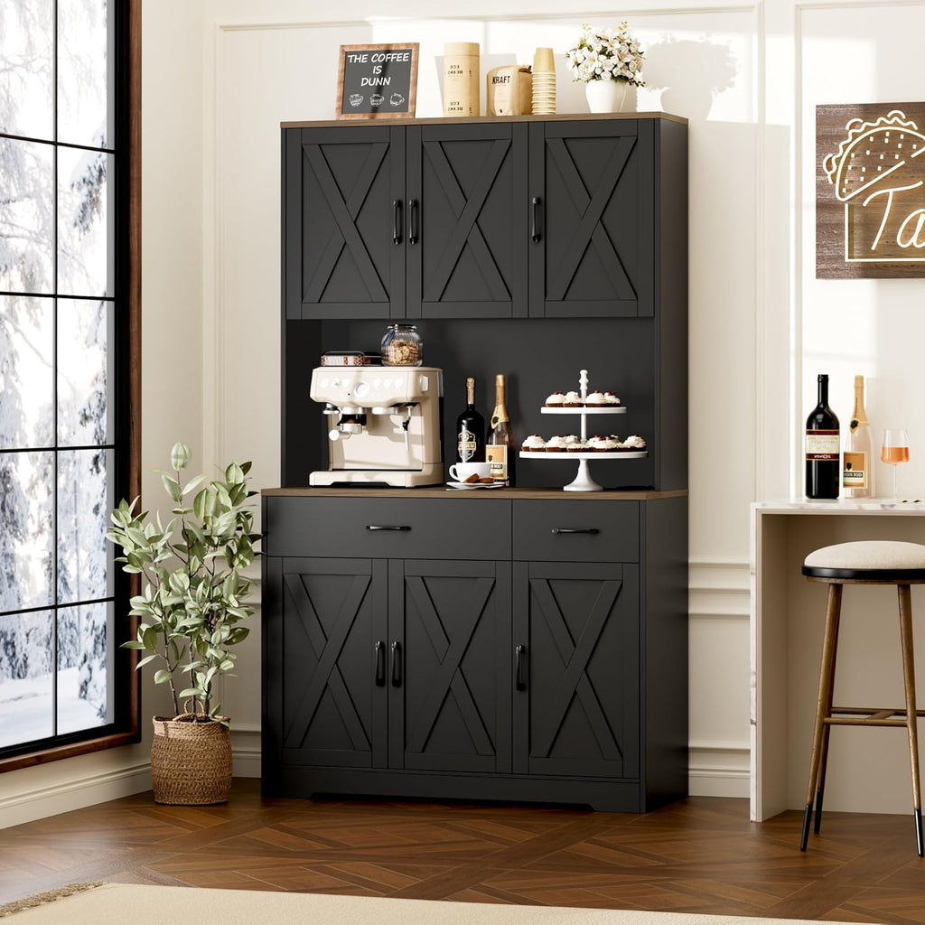 HOSTACK 71" Pantry Cabinet with Charging Station, Tall Kitchen Pantry Storage Cabinet with Microwave Stand, Farmhouse Kitchen Hutch with Storage Drawers for Living Room, Dining Room, Black