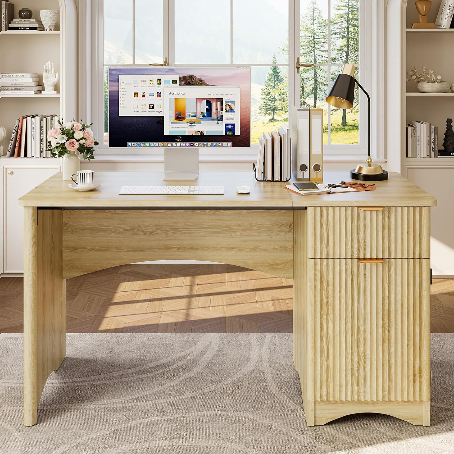 Bestier 47 inch Computer Desk with Drawer, Office Desk with File Cabinet, Modern Executive Desk Adjustable Shelves for Home Office Bedroom Study, Natual Oak