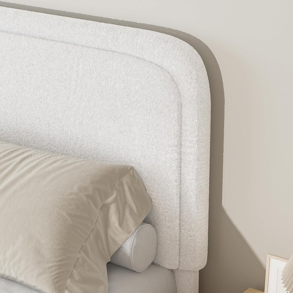 BarnFurin Queen Bed Frame with Headboard, Boucle Upholstered Platform Bed Frame, Luxurious Soft Rounded Corners, No Box Spring Required, Non-Slip and Noise-Free, Easy Assembly, White