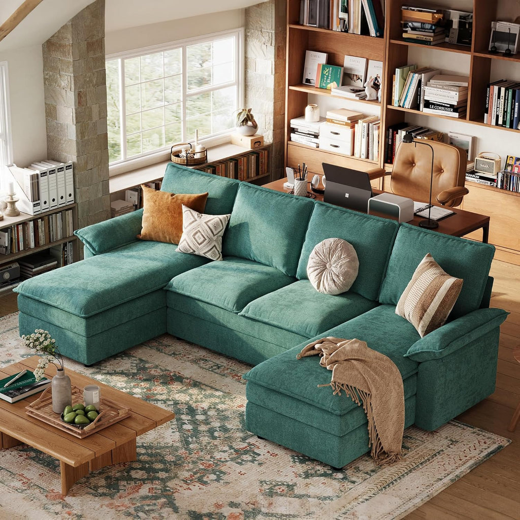 LINSY HOME Cloud Couch Modular Sectional, 115" U Shaped Sofa Couches with Double Chaise, Chenille 4 Seater Sofa Set for Living Room, Apartment, Office, Green