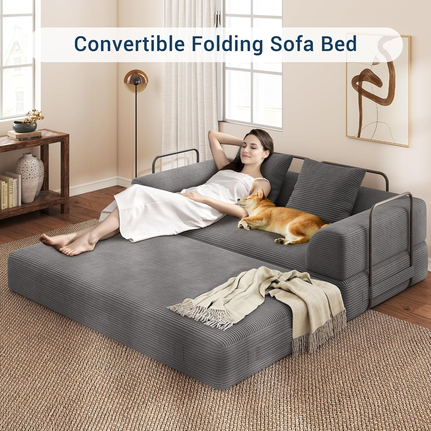 Cloud Boneless Convertible Floor Sofa Bed, 70" 4-in-1 Foldable Compressed Loveseat Lounge Sleeper 2 Seater Couches, High-Density Sponge & Corduroy Fabric Futon Daybed for Living Room Bedroom(Gray)