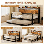 Betterhood Daybed with Trundle, Twin to King Bed Daybed Trundle Bed, Heavy Duty Metal Bed Frame with Storage Headboard & Charging Station, Day Bed Frame for Living Room Bedroom Guest Room (Daybed)