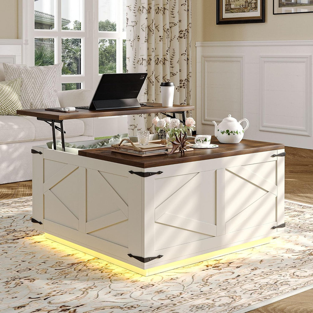 Jocoevol Farmhouse Lift Top Coffee Table, Square Wood Center Table with LED Lighting, USB-C Charging Station, and Hidden Storage Compartment - Rustic White & Oak Living Room Furniture