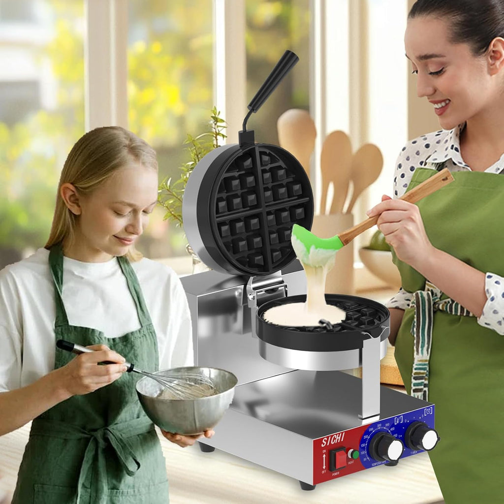 Commercial Waffle Maker - Belgian Waffle Maker w/Non-stick Baking Pan and 550℉ Heating, 1200W Rotating Waffle Iron for 1.2" Thick, Stainless Steel Round Waffle Machine for Restaurant