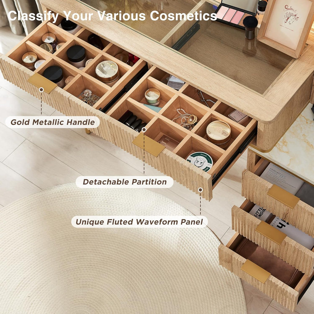 T4TREAM Fluted Makeup Vanity Desk with 36" HD Lighted Mirror, 48" Big Modern Vanity Desk with Mirror and Lights, Dressing Table with 5 Drawers & Shelves, Glass Top for Bedroom (Natural Oak)