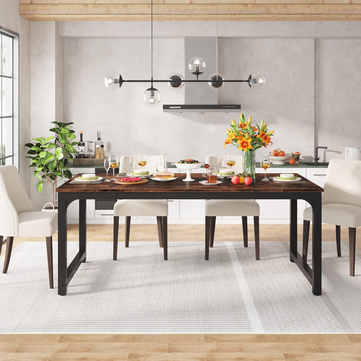 LITTLE TREE 78.7 Inch X-Large Dining Table Rectangular Kitchen Furniture for 6 to 8 People, Brown
