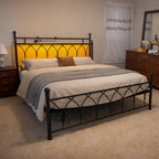EnHomee 54" King Bed Frame with Tall Storage Headboard, Metal King Size Bed Frame with LED Lights and Power Outlets, Sturdy & Noise-Free, Metal Slats, No Box Spring Needed, Black