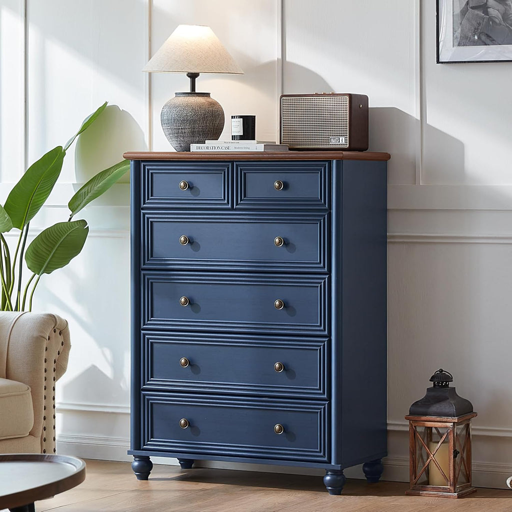 Farmhouse Dresser and Nightstand Sets 4 Piece, Wooden 6 Drawers Dresser & 43.5" Tall Chest of Drawers, 18" Roman Column Nightstand Set of 2, Furniture Dressers for Bedroom, Living Room