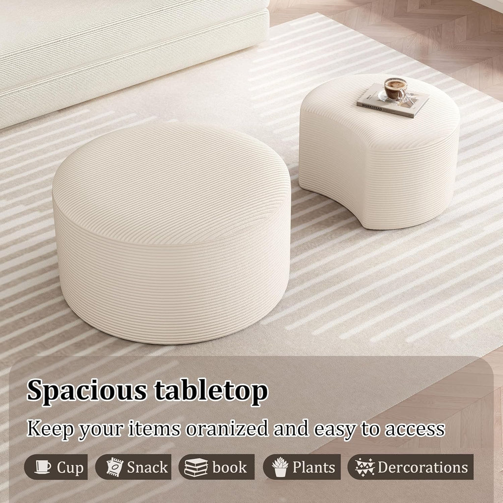 BSHOMGI Round Coffee Table Set of 2, Movable Ottoman for Corduroy Cloud Sectional Couches Circle Foam Round Side Table for Living Room, Entryway Set, 32"+17" Footrest No Assembly (Beige, 32"+17")