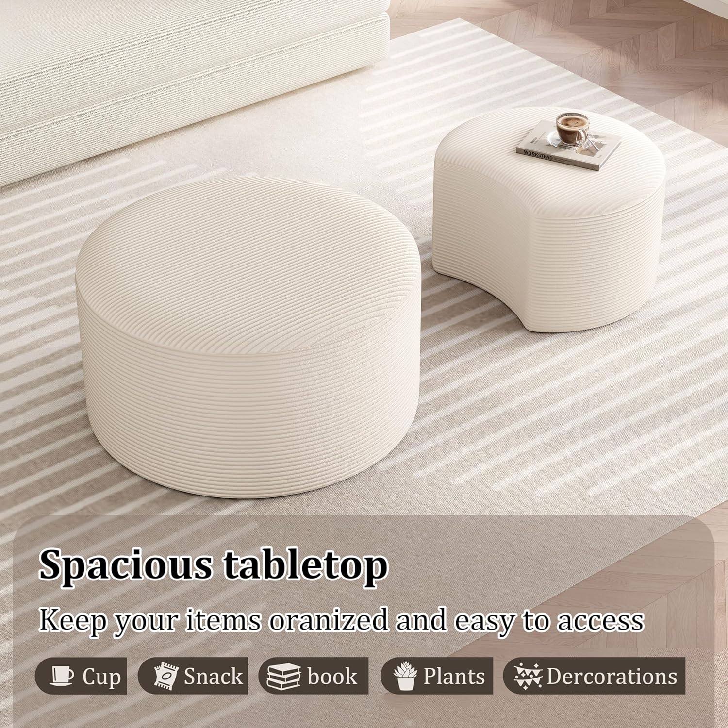 BSHOMGI Round Coffee Table Set of 2, Movable Ottoman for Corduroy Cloud Sectional Couches Circle Foam Round Side Table for Living Room, Entryway Set, 32"+17" Footrest No Assembly (Beige, 32"+17")