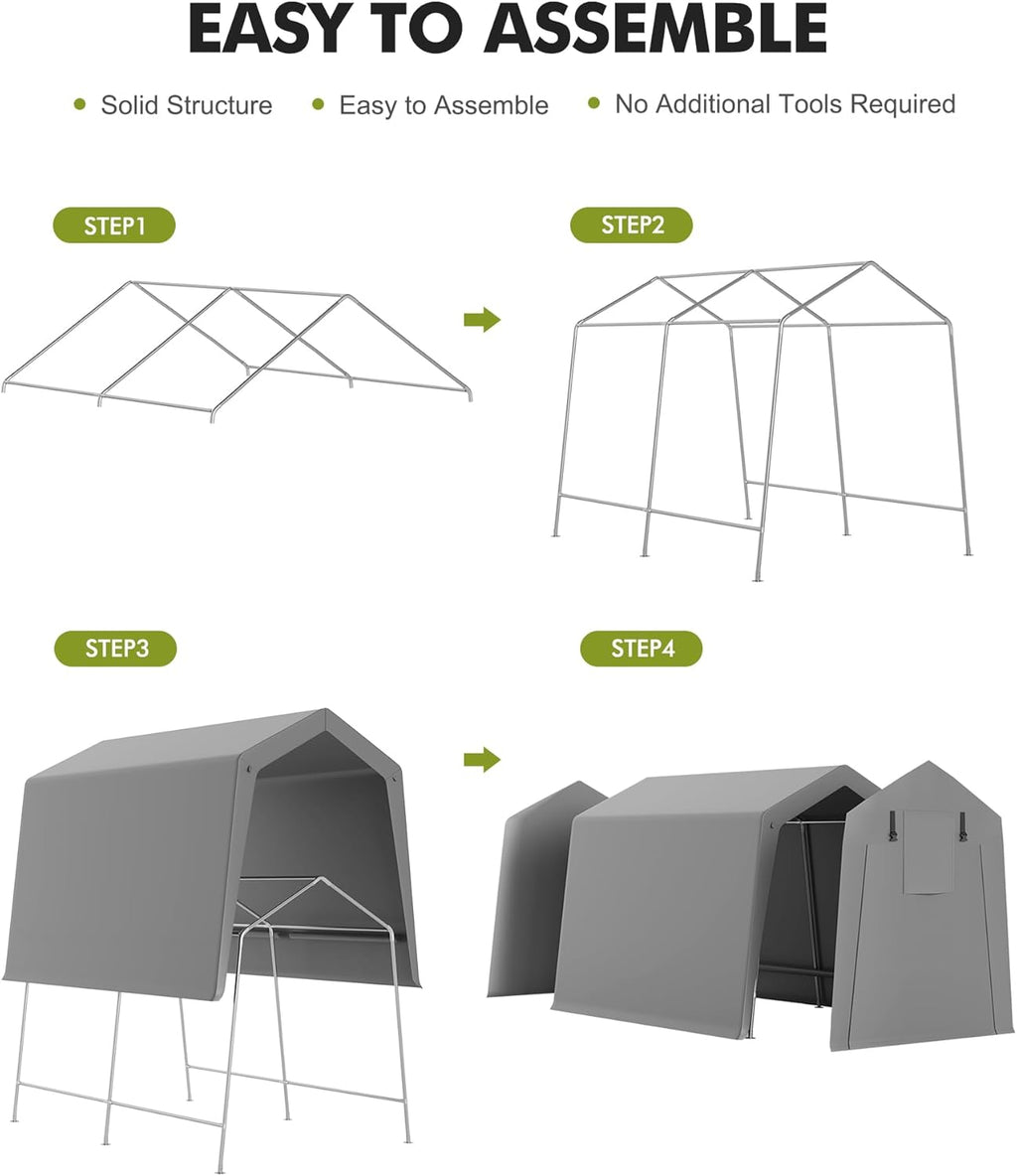 7x10 FT Portable Carport Storage Shed Tent – Heavy Duty Waterproof & UV-Resistant Motorcycle Tent with Roll-Up Zipper Doors, Steel Frame Shelter for Bike, Outdoor Tools & Equipment, Grey
