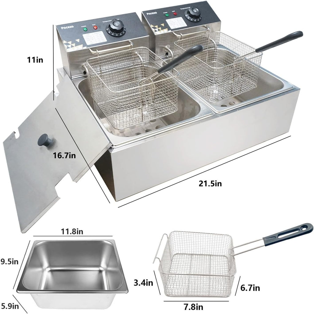 Electric Deep Fryer 17.2L/18.2QT Stainless Steel Dual Tank Commercial Fryer with Basket, 3400W 110V Countertop Deep Fryer for Home Kitchen and Restaurant Use with Oil Thermometer & Temperature Control