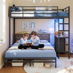 DICTAC Twin Over Full Bunk Bed with Desk,Led Lights and 4 Drawers,Metal Bunk Beds with Storage Headboard and Charging Station,L-Shaped bunk Bed for Kids/Teen with Safety Guardrail and Ladder,Black
