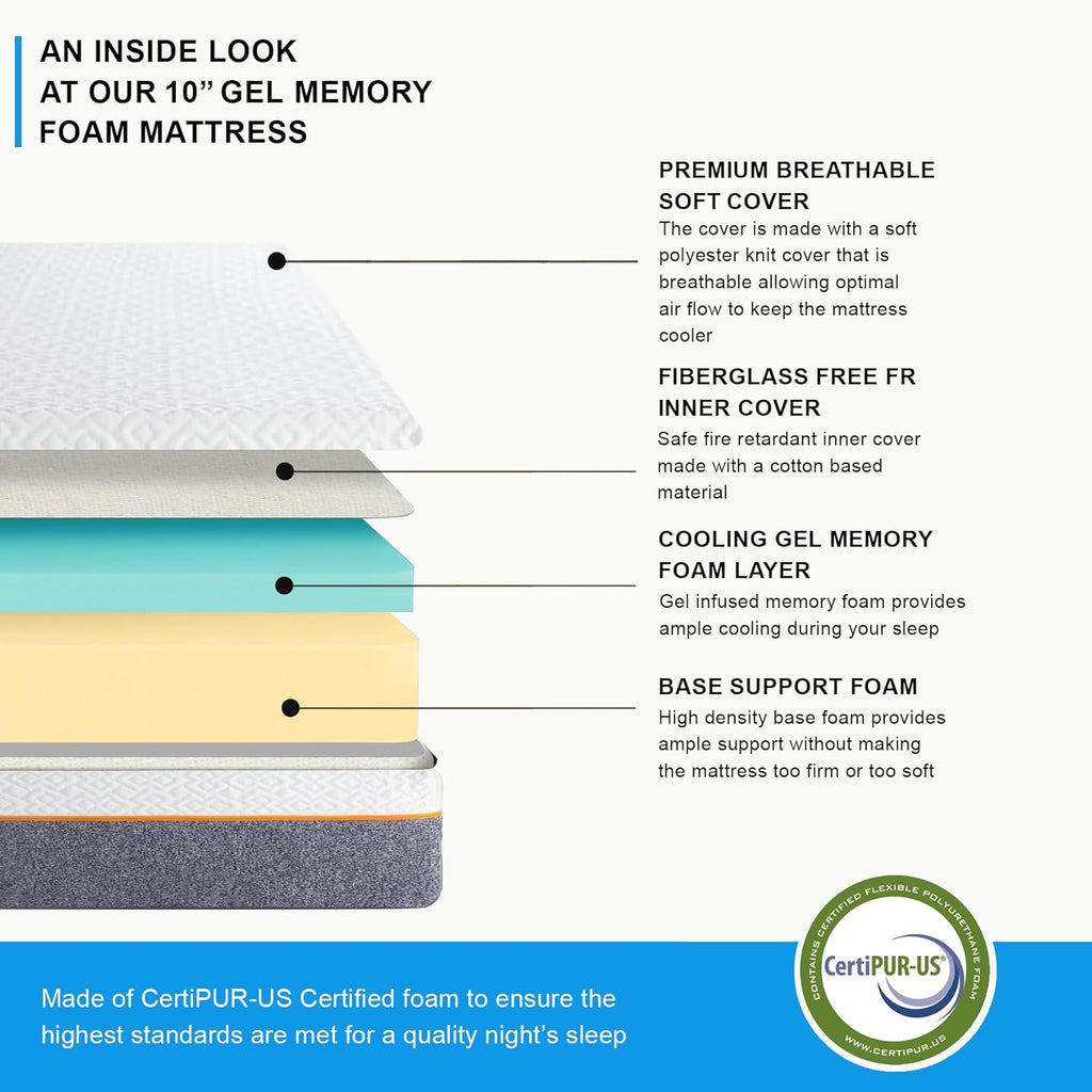 Queen Adjustable Bed Base with 10 Inch Gel Memory Foam Mattress - Dual Massage - USB Ports - Zero Gravity - Underbed Light - Wireless Remote - Zero Clearance