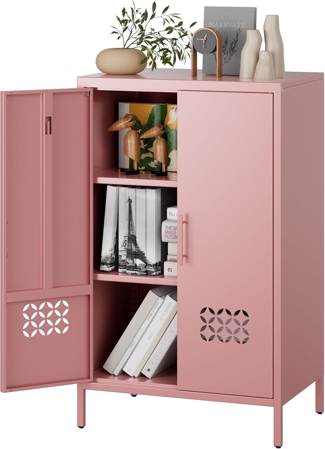 Metal Storage Cabinet with Adjustable Shelves,Metal Sideboard Cabinet with 2 Doors for Home,Office, 42" H x 26" W x 14" D,Assembly Required,Pink