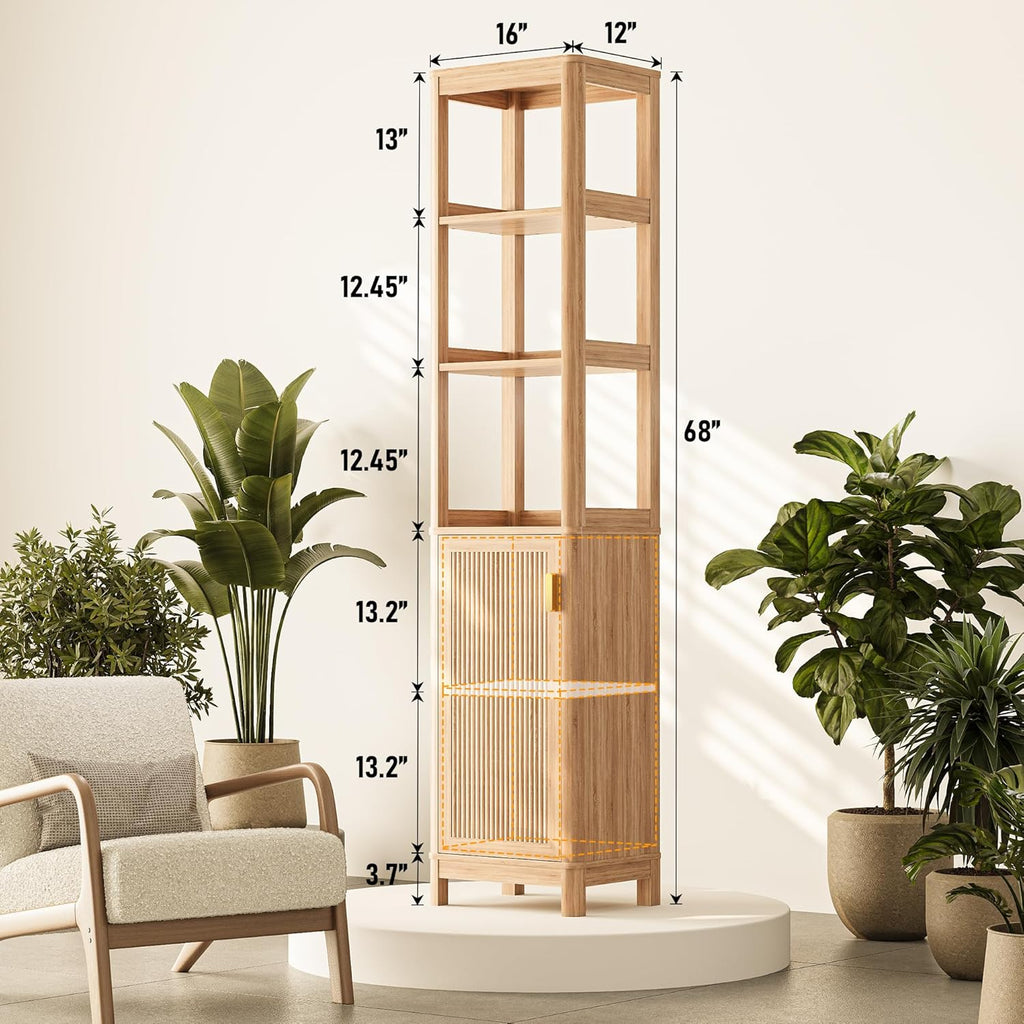 INNOD 68'' Tall Narrow Storage Cabinet with Adjustable Shelf and Door, Bathroom Storage Cabinet, Space Saver for Bathroom, Kitchen, Living Room, Natural Oak