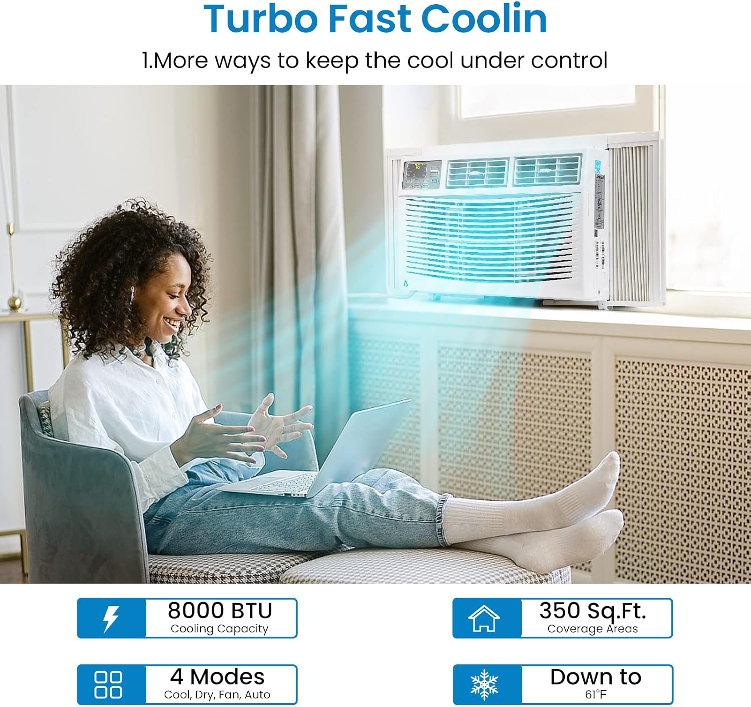 8000 BTU Smart WiFi Window Air Conditioner, Cools Up to 350 Sq. ft., Energy Saving AC Unit with Remote Control, App & Voice Control, 24H Timer, Quiet Operation for Living Room, Office